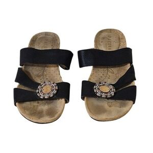 Acorn Sandals Women Size 7 Black Beaded Strappy Boho Slip On Comfort Slides